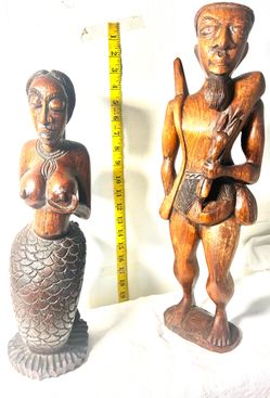 Vintage African wood carving pair:  18 inch hunter and 15 inch mermaid Mami Wata sculptures