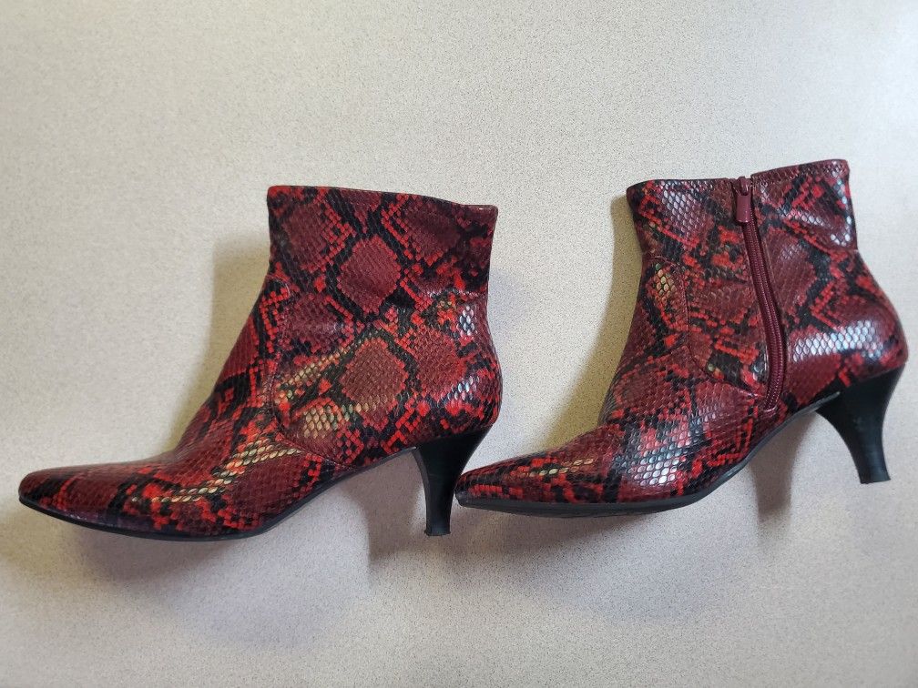 *Pending Faux Red Snakeskin Heeled Ankle Boots