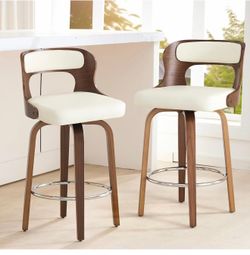 Counter Height Bar Stools 26" Barstools with Bentwood Legs and Back, Leather Swivel Counter Stools, Mid Century Swivel Bar Stools Set of 2 for Kitchen