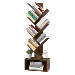 Yoobure Tree Bookshelf - 6 Shelf Retro Floor Standing Bookcase, Tall Wood Book Storage Rack for CDs/Movies/Books, Utility Book Organizer Shelves for B