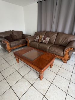 Brown Leather Sofa & Loveseat Set with Coffee Table
