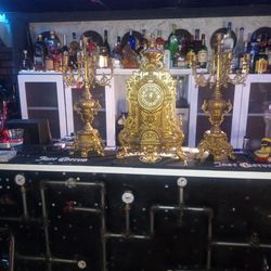 Solid Brass Two Feet Tall Two Candle Holder And Clock