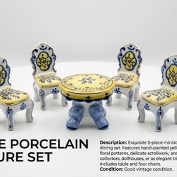 Vintage Hand-Painted Porcelain Miniature Table & Chairs Set