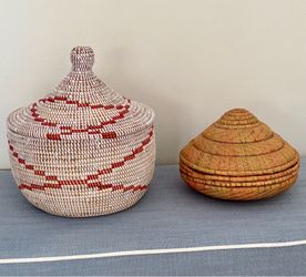 2 African Lidded Handwoven Storage Baskets