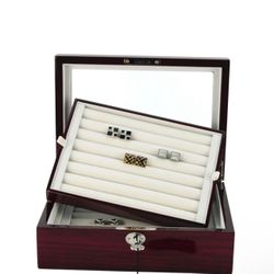 Deluxe Jewelry Cufflinks Collector's Storage Presentation Box Case Mahogany Double-Decker Gift