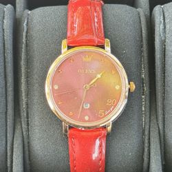 Women’s Red Watch  Red Leather Olevs