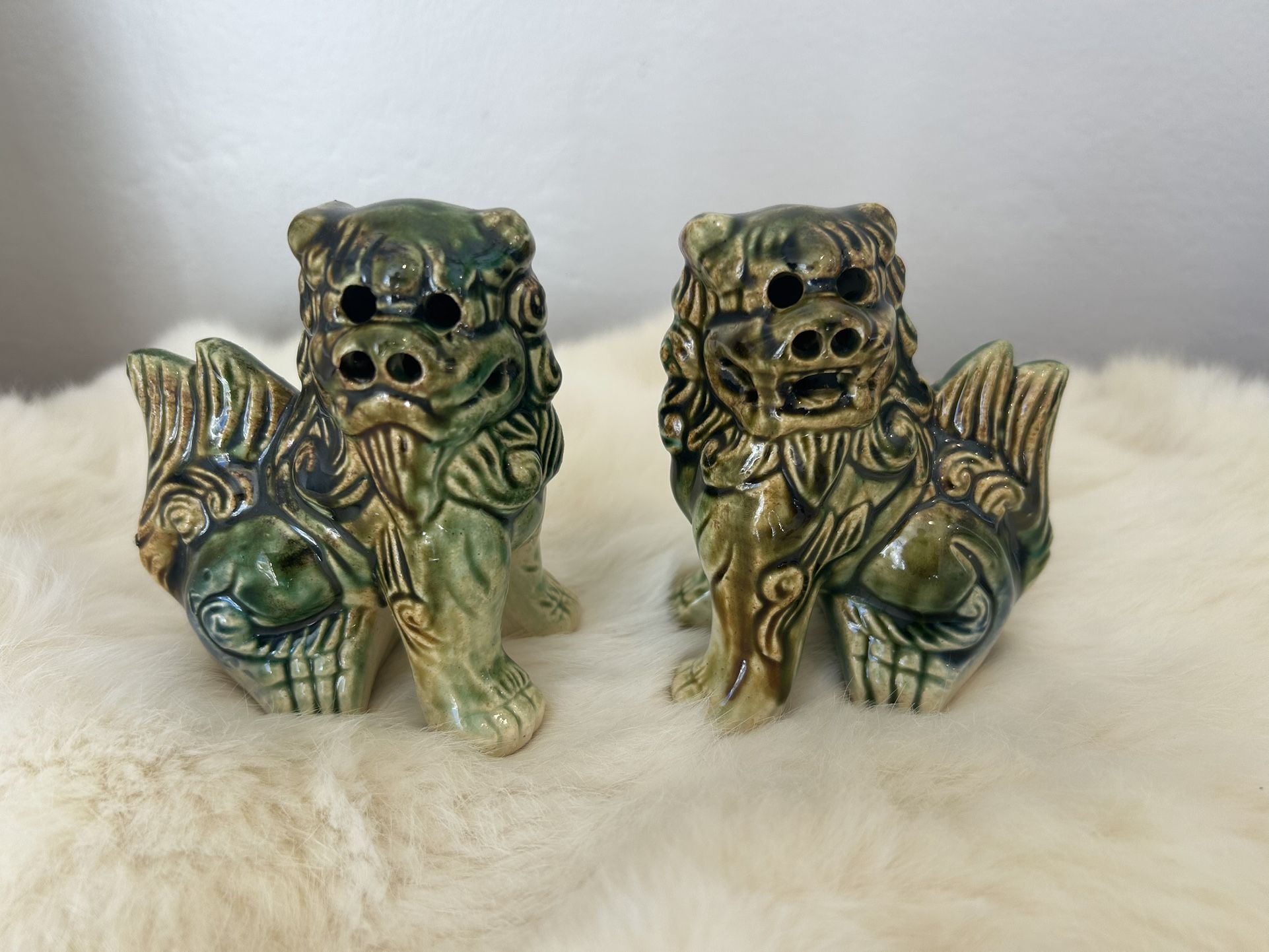 Pair of 2- Vintage Glazed Foo Dogs Lions Ceramic Statues Figures Miniature small Temple Dogs Protect