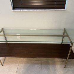 West Elm Glass & Walnut Console Table – Antique Brass