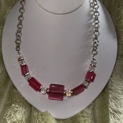 Premier Designs Crystal and Pink Cut Art Glass Necklace, 18"