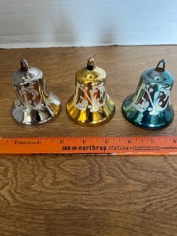 Vtg MCM Bradford Filigree Metallic Plastic Set of 3 Bell Ornaments