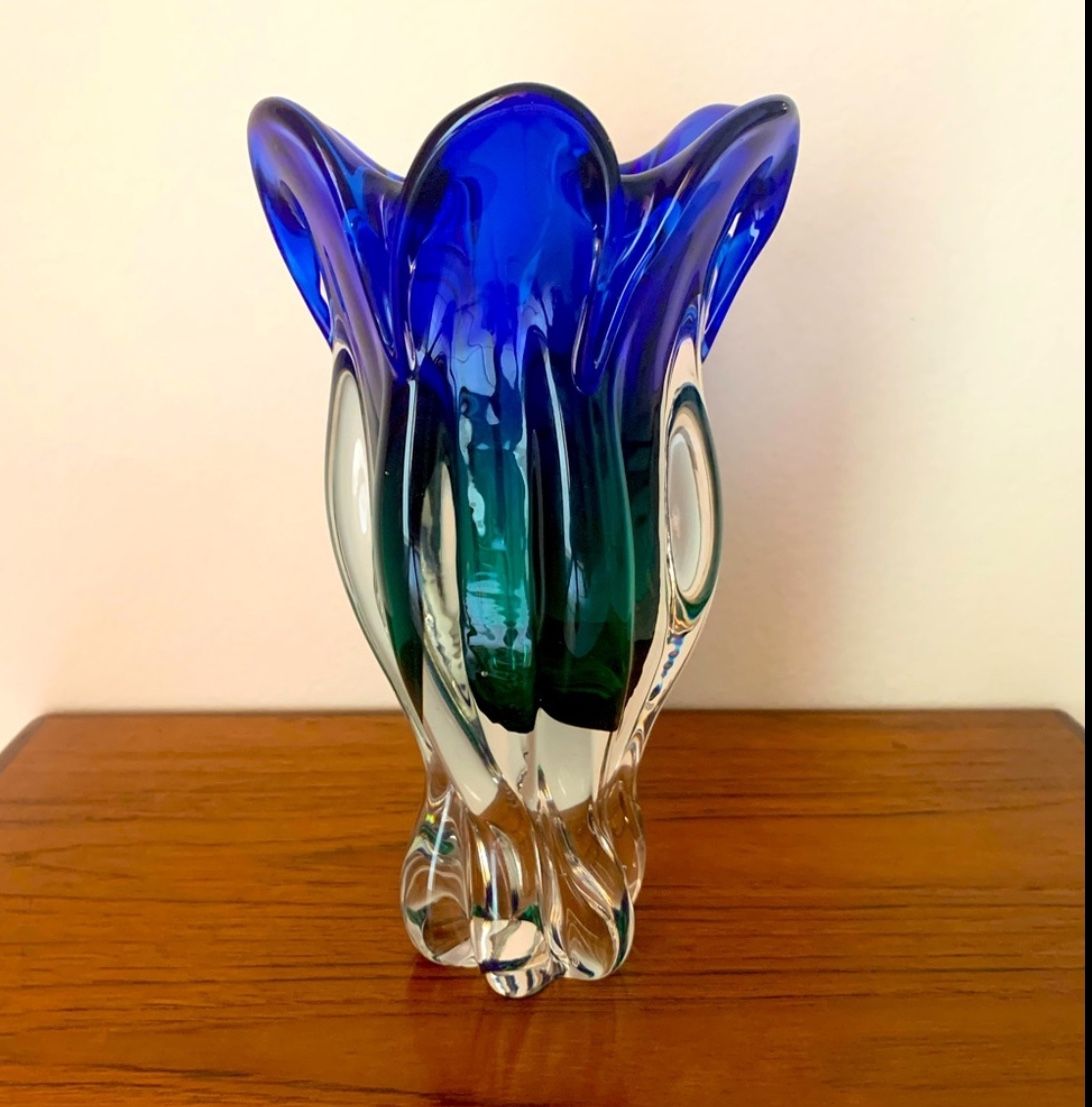 VTG Bohemia Art Glass Crystal Vase Multicolor Starburst Czech 9 3/4" Tall 
