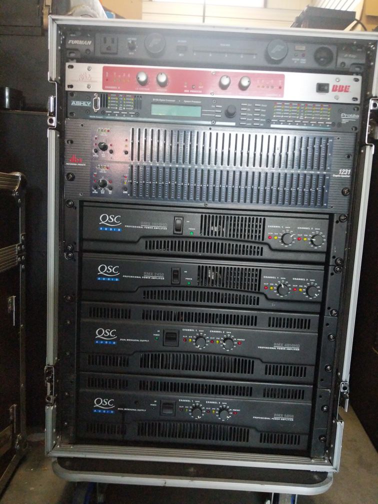 QSC RMX5050, 4050, 2450 & 1850 w/Ashly 4.24c 4-Way Stereo System BBE Furman DBX Pro X Case