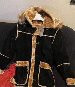 Black Suede Coat with Faux Fur Trim and Hood