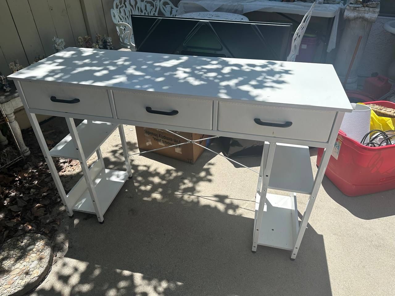 Office Small Computer Desk: Home Table with Fabric Drawers & Storage Shelves, Modern Writing Desk