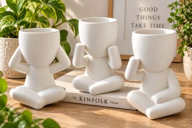 Set of 3 White Cement Sitting Figure Planters – Succulent Plant Pots Home Decor