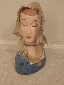 1920s Boudoir Painted Head Form Bust Hat Stand & Headpiece Hair Band Silk Lace