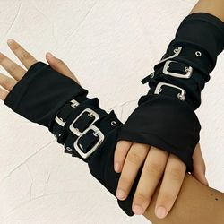 Black Pu-Leather Long Cuff Biker Gloves With Metal Buckles