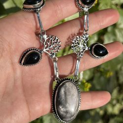 926 Silver Overlay Silver Sheen Obsidian Black Onyx Necklace