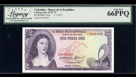1973 2 Pesos Oro Banco de la Republica Columbia Legacy Gem New 66 PPQ