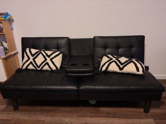 Black Leather Sofa with Cup Holders