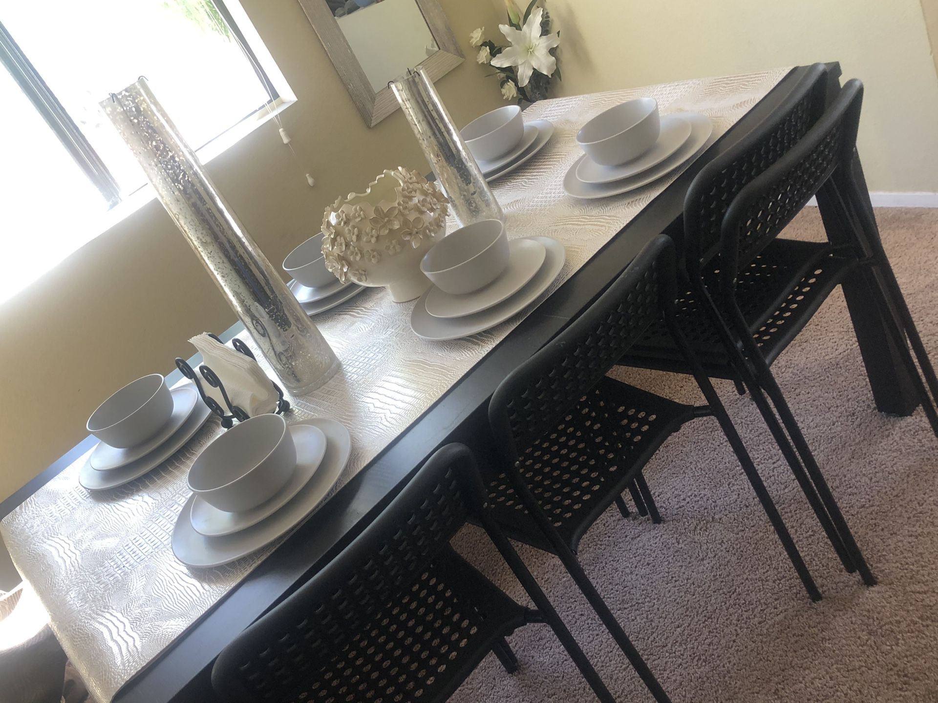 IKEA BJURSTA DINING TABLE, BENCH AND 6 ADDE BLACK CHAIRS