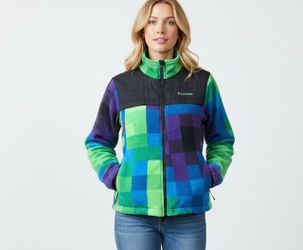 Columbia Fleece Jacket Women’s SMALL Full Zip Front Green Blue Purple Checked