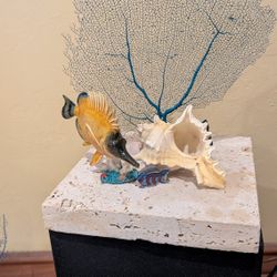 Lovely blue teal sea fan with seashells and large fish decor on 8' x 8" marble base