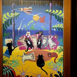 Vintage Original Painting "Sobe Cats " by Austrian Artist Herbert Hofer 22.5"×29" 