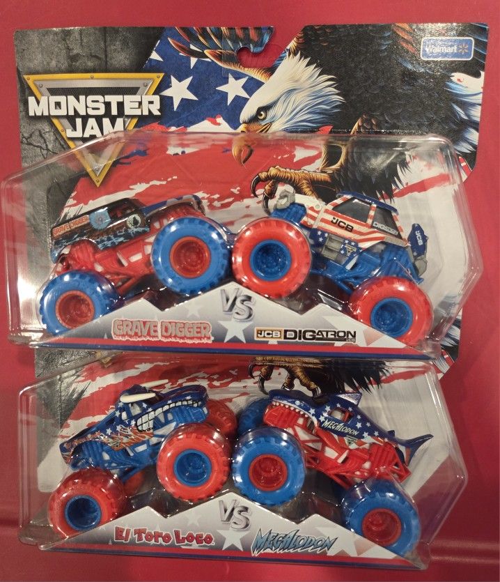 MONSTER JAM STARS and STRIPS GRAVE DIGGER vs JCB DIGATRON and EL TORO LOCO vs MEGALODON Series 1, 2 packs 1/64 scale Walmart Exclusive VHTF,.
