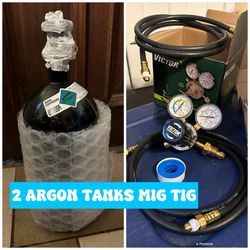 2 Argon Tanks Cylinders 2 Argon Hoses + Victor MIG TIG Regulators Hoses Accessories