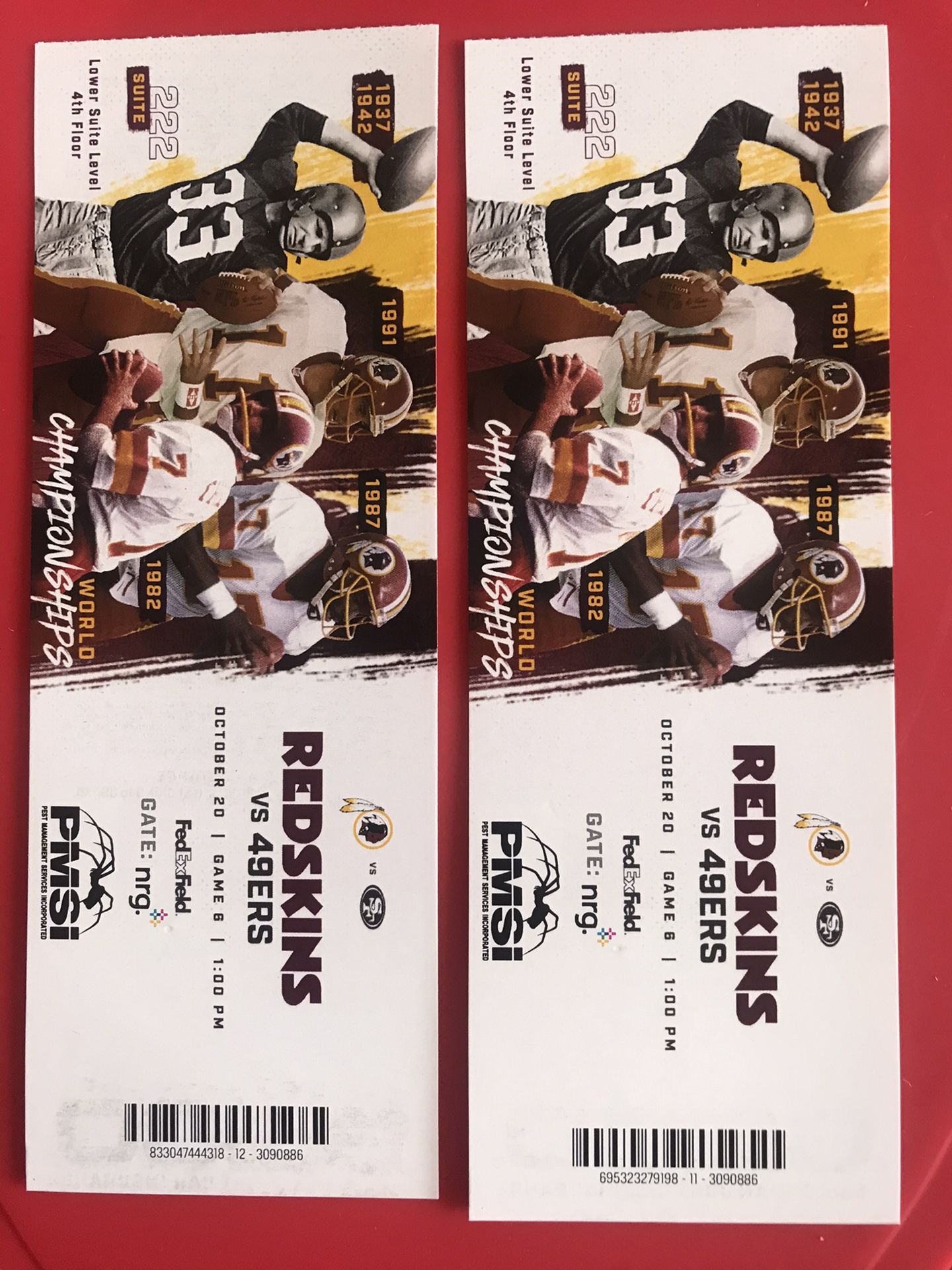 2 Redskins tickets vs 49ERS- lower CLUB LEVEL Suite 222. Eat&Drink