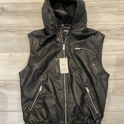 New Zara Faux Leather vest with Hood men M size