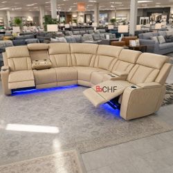 Modern beige reclining sectional sofa with led light 