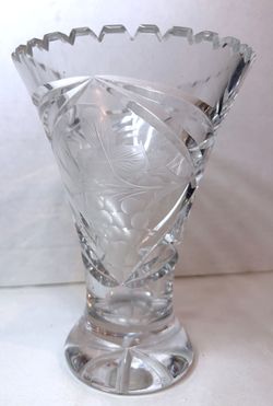 Vintage Cut Crystal Glass Vase with Engraved Grape and Leaf Design