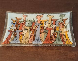 Whimsical Fused Art Glass Cat Tray Mid Century Modern Style Multicolored Kitten Trinket Dish