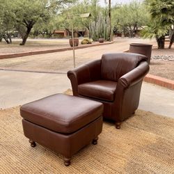 Brown Leather Armchair w/ Ottoman – Great Condition