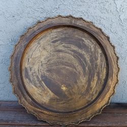 Vintage Round Brass Tray with Scalloped Edge