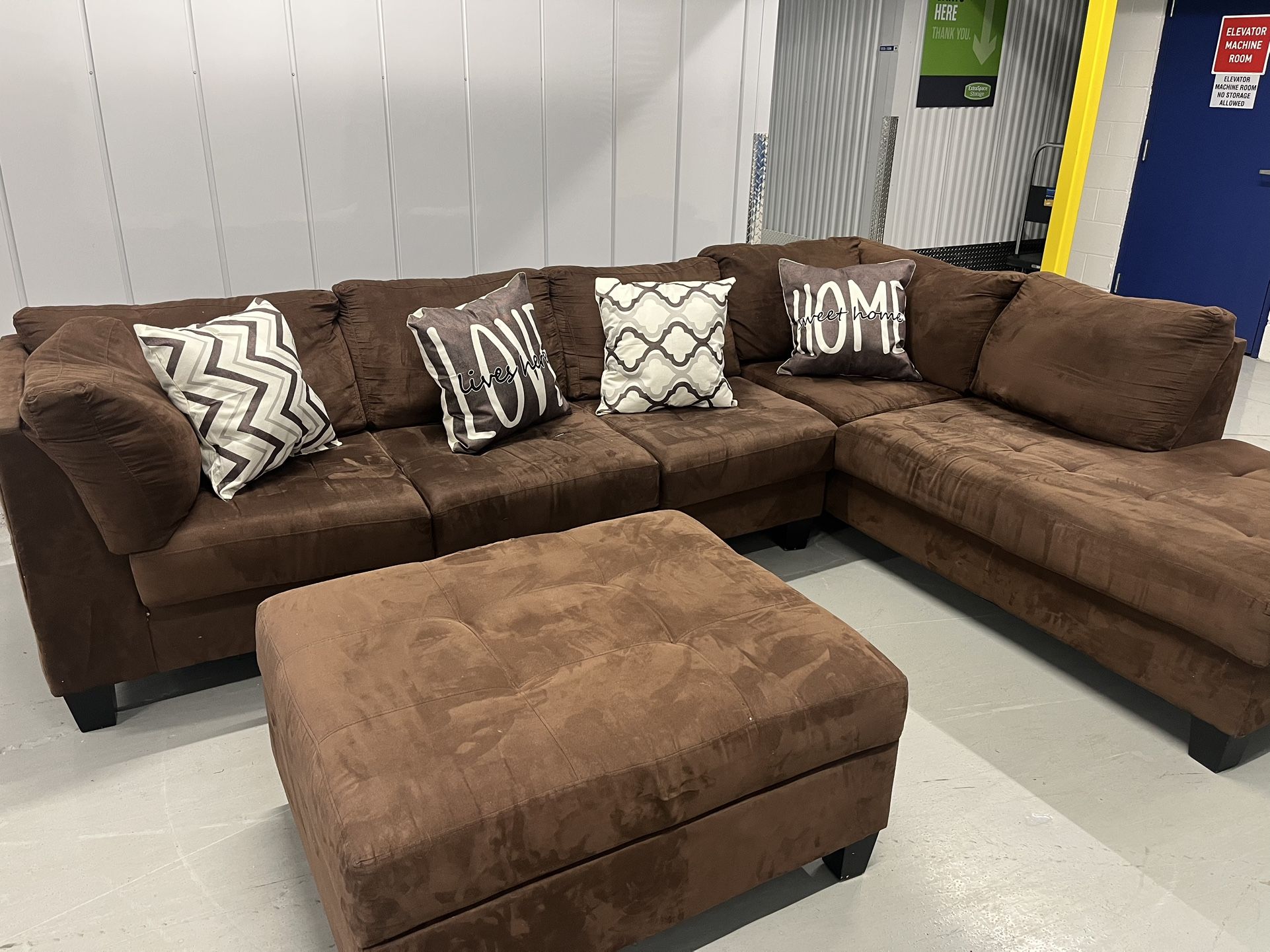 Brown Suede Sectional Sofa with Ottoman – L10’2” x W7’4” $650obo