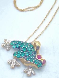 FREE SHIPPING! 10K Gold created Emerald & Ruby Frog Pendant Necklace 18” Genuine Diamonds #313