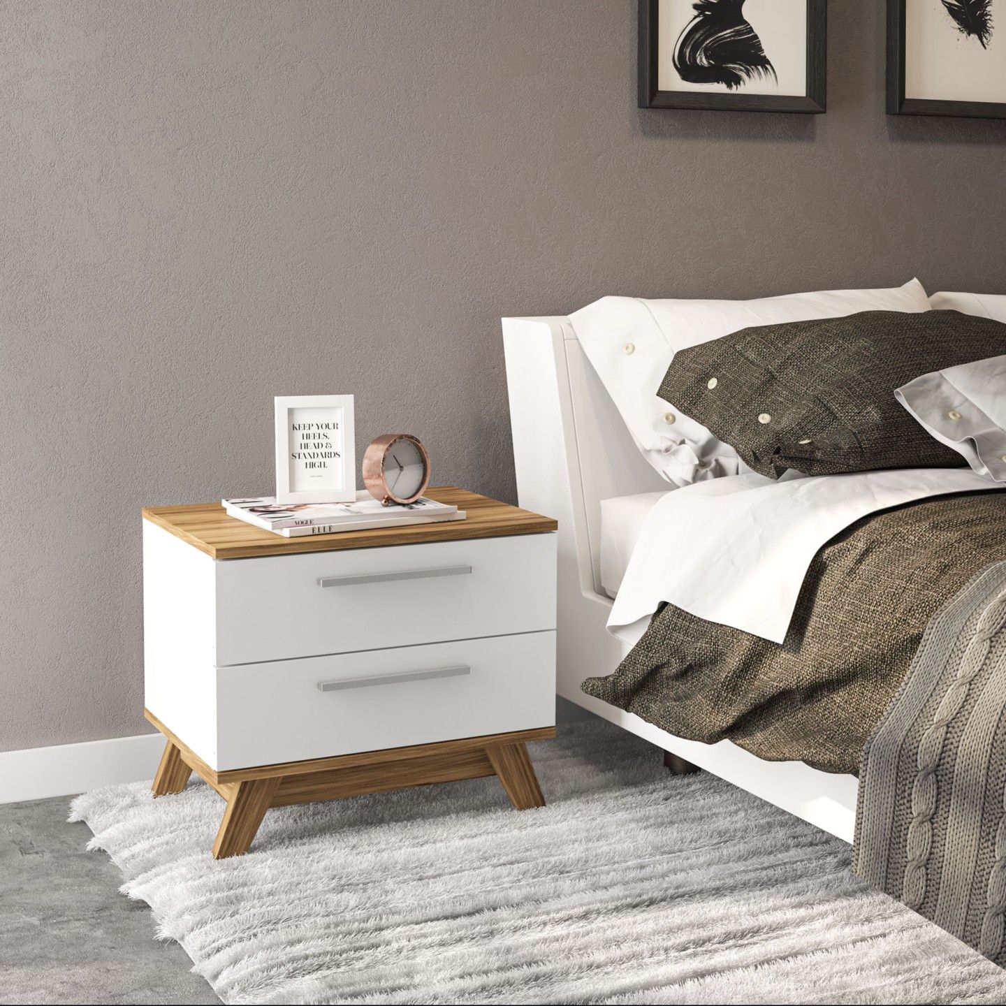 Ibiza Nightstand, White - Brown, 2 drawers, wood legs