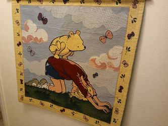 Vintage Winnie the Pooh and Christopher Robin LeapFrog hanging wall tapestry 25x26 in