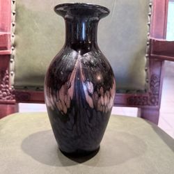 VINTAGE Murano Glass Black Vase With Gold Glitter Green Purple Bronze Scales