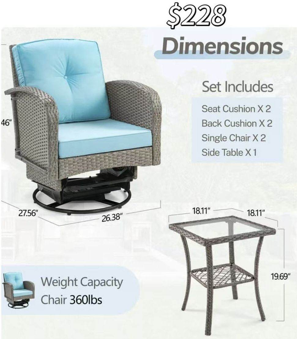 😀 3 PCs (2 Outdoor Swivel Rocking Chair& 1 Table) , Rattan Patio Furniture w/ Swivel Glider Chair Set of 2 and 1 Rattan Glass Top Table