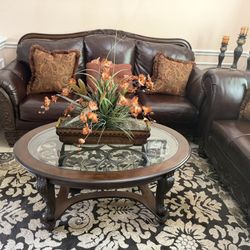 Real Leather Couch, Chaise,  And Coffee Tables