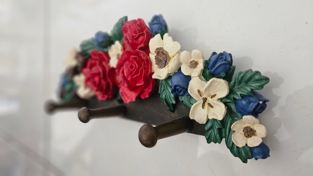 Vintage Ceramic and Wood WALL HANGING KEY HOOKS L12" W4.5" D4"