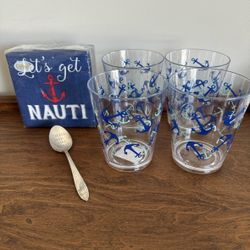 Nautical Anchor Glasses Set With “Let’s Get Nauti” Napkins & Spoon