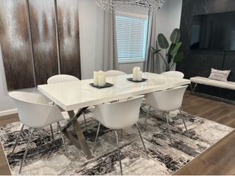Modern White Dining Table set with 6 chairs