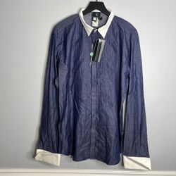 Roberto Just Cavalli Tuxedo Pleated French Cuff Button Shirt Mens IT 56 Indigo