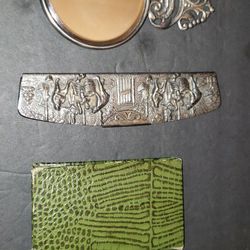 Vintage Denmark Repousse Dresser top Beveled Hand Mirror, Comb, and added travel Mustache Comb Lot