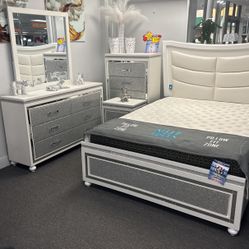 Bedroom Furniture Deal🤑Stunning White Glamorous 5pc Bed Set With LED Lighting On Sale Only $999